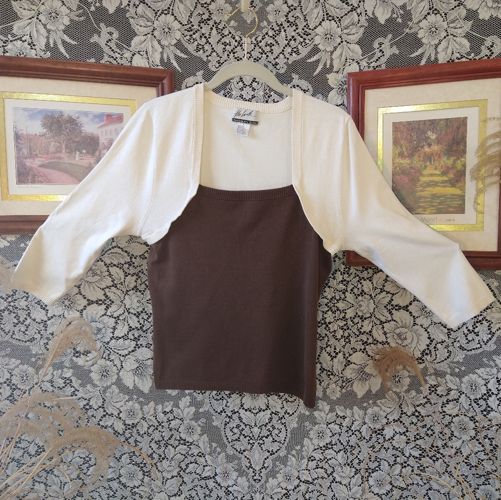 Randolph Duke white and brown sweater faux shrug silk blend 3/4 sleeves vintage
